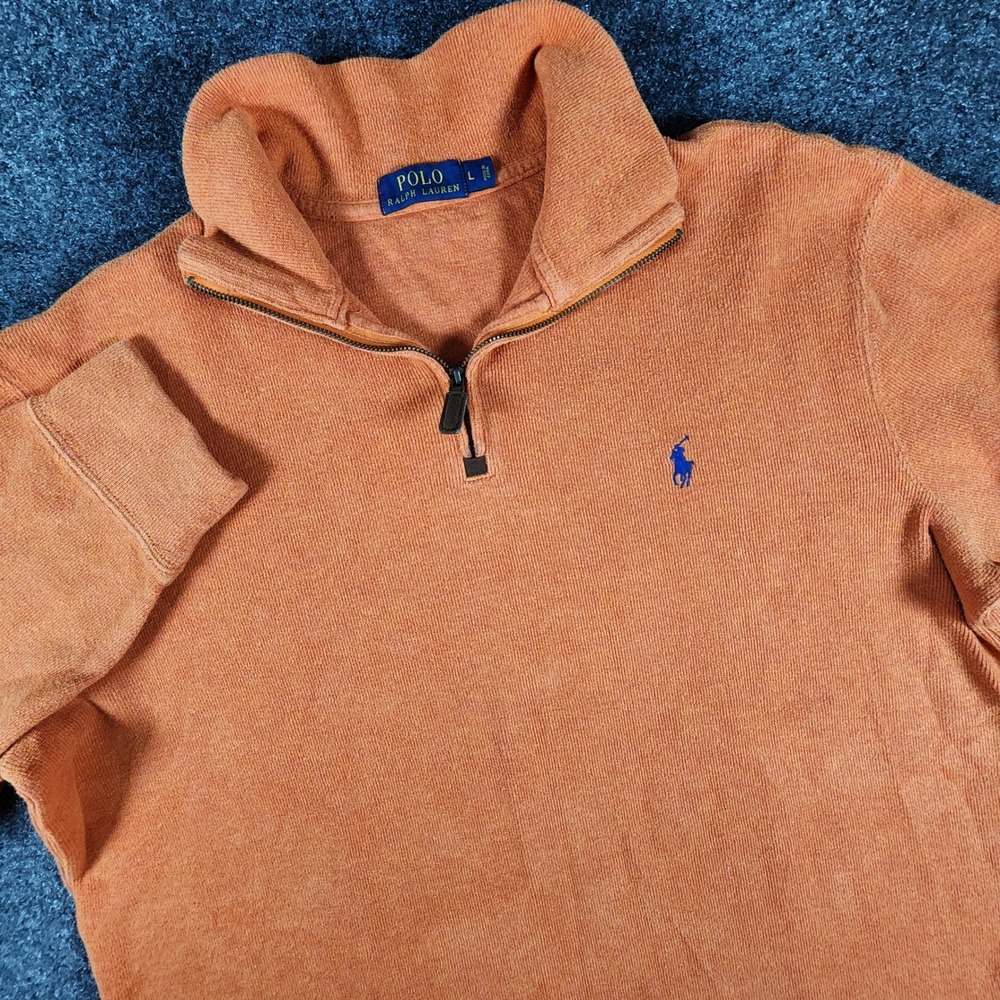 Polo Ralph Lauren Quarter Zip Pullover Sweater Mens Large Orange Cotton Ribbed